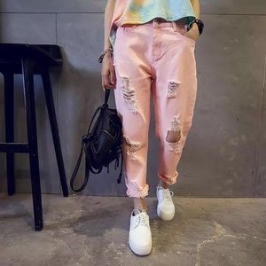 Kawaii distressed cropped pink high-waist jeans
